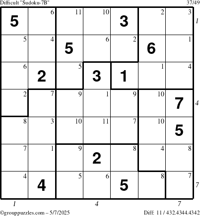 The grouppuzzles.com Difficult Sudoku-7B puzzle for Wednesday May 7, 2025, suitable for printing, with all 11 steps marked