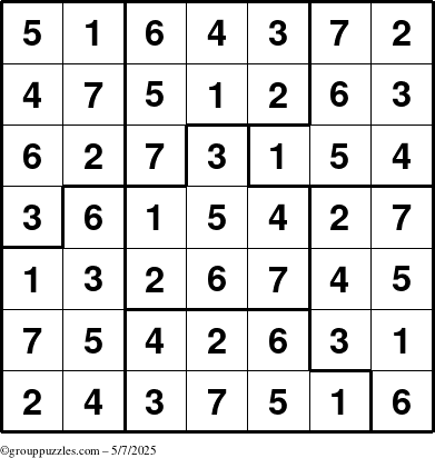 The grouppuzzles.com Answer grid for the Sudoku-7B puzzle for Wednesday May 7, 2025
