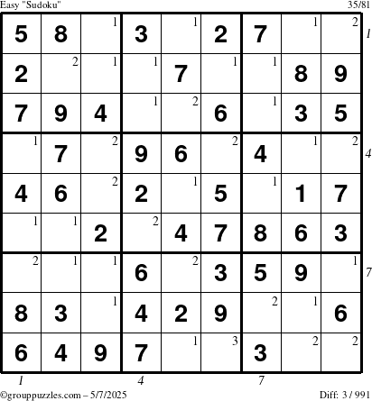 The grouppuzzles.com Easy Sudoku puzzle for Wednesday May 7, 2025 with all 3 steps marked