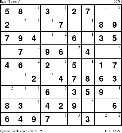 The grouppuzzles.com Easy Sudoku puzzle for Wednesday May 7, 2025 with the first 3 steps marked