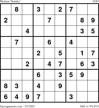 The grouppuzzles.com Medium Sudoku puzzle for Wednesday May 7, 2025