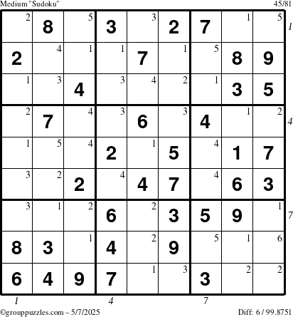 The grouppuzzles.com Medium Sudoku puzzle for Wednesday May 7, 2025, suitable for printing, with all 6 steps marked