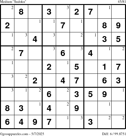 The grouppuzzles.com Medium Sudoku puzzle for Wednesday May 7, 2025 with the first 3 steps marked