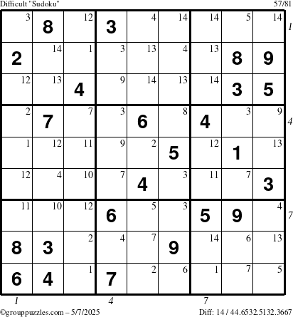 The grouppuzzles.com Difficult Sudoku puzzle for Wednesday May 7, 2025 with all 14 steps marked
