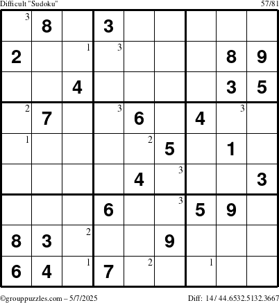 The grouppuzzles.com Difficult Sudoku puzzle for Wednesday May 7, 2025 with the first 3 steps marked
