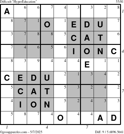 The grouppuzzles.com Difficult HyperEducation-i23 puzzle for Wednesday May 7, 2025, suitable for printing, with all 9 steps marked