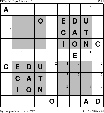The grouppuzzles.com Difficult HyperEducation-i23 puzzle for Wednesday May 7, 2025 with the first 3 steps marked