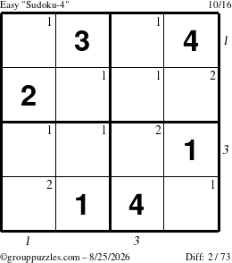 The grouppuzzles.com Easy Sudoku-4 puzzle for Tuesday August 25, 2026 with all 2 steps marked