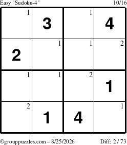 The grouppuzzles.com Easy Sudoku-4 puzzle for Tuesday August 25, 2026 with the first 2 steps marked