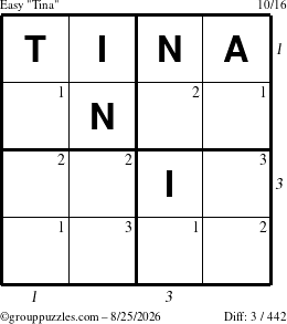 The grouppuzzles.com Easy Tina puzzle for Tuesday August 25, 2026, suitable for printing, with all 3 steps marked