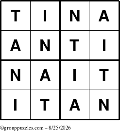The grouppuzzles.com Answer grid for the Tina puzzle for Tuesday August 25, 2026