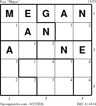 The grouppuzzles.com Easy Megan puzzle for Tuesday August 25, 2026 with all 4 steps marked