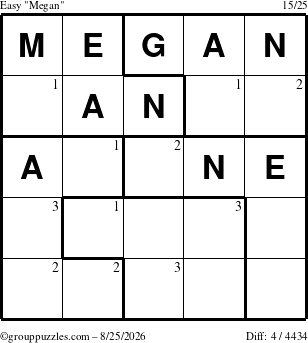 The grouppuzzles.com Easy Megan puzzle for Tuesday August 25, 2026 with the first 3 steps marked