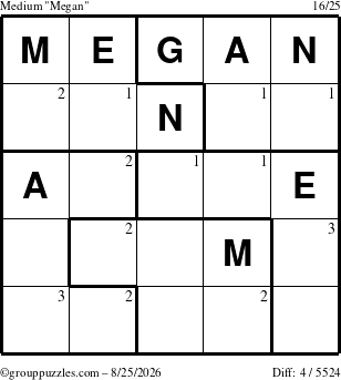 The grouppuzzles.com Medium Megan puzzle for Tuesday August 25, 2026 with the first 3 steps marked