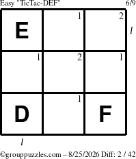 The grouppuzzles.com Easy TicTac-DEF puzzle for Tuesday August 25, 2026, suitable for printing, with all 2 steps marked