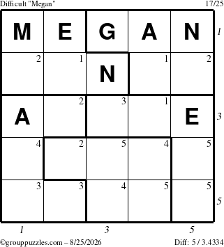 The grouppuzzles.com Difficult Megan puzzle for Tuesday August 25, 2026 with all 5 steps marked
