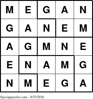 The grouppuzzles.com Answer grid for the Megan puzzle for Tuesday August 25, 2026