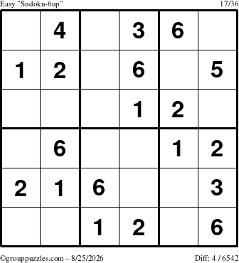 The grouppuzzles.com Easy Sudoku-6up puzzle for Tuesday August 25, 2026