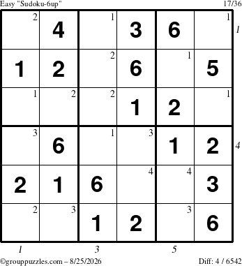 The grouppuzzles.com Easy Sudoku-6up puzzle for Tuesday August 25, 2026, suitable for printing, with all 4 steps marked