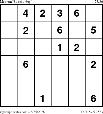 The grouppuzzles.com Medium Sudoku-6up puzzle for Tuesday August 25, 2026