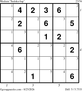 The grouppuzzles.com Medium Sudoku-6up puzzle for Tuesday August 25, 2026 with all 5 steps marked