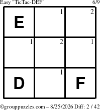 The grouppuzzles.com Easy TicTac-DEF puzzle for Tuesday August 25, 2026 with the first 2 steps marked