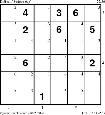 The grouppuzzles.com Difficult Sudoku-6up puzzle for Tuesday August 25, 2026, suitable for printing, with all 6 steps marked