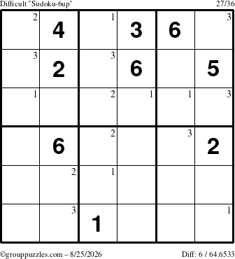The grouppuzzles.com Difficult Sudoku-6up puzzle for Tuesday August 25, 2026 with the first 3 steps marked