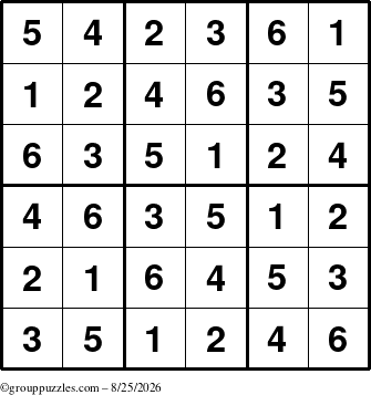 The grouppuzzles.com Answer grid for the Sudoku-6up puzzle for Tuesday August 25, 2026
