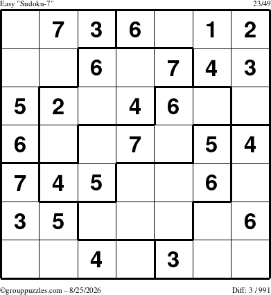The grouppuzzles.com Easy Sudoku-7 puzzle for Tuesday August 25, 2026