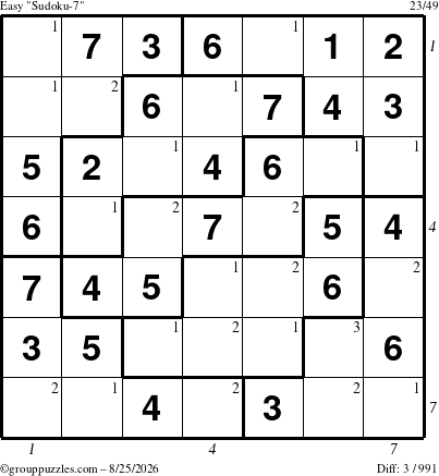 The grouppuzzles.com Easy Sudoku-7 puzzle for Tuesday August 25, 2026 with all 3 steps marked