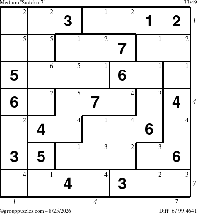 The grouppuzzles.com Medium Sudoku-7 puzzle for Tuesday August 25, 2026 with all 6 steps marked