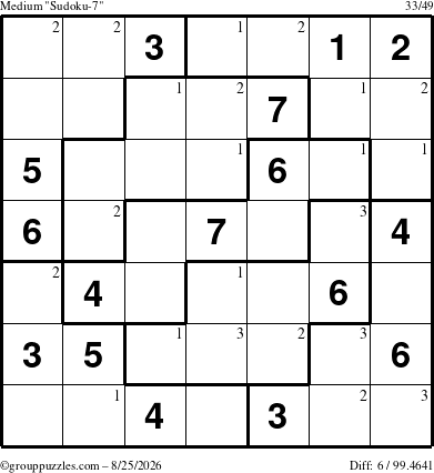 The grouppuzzles.com Medium Sudoku-7 puzzle for Tuesday August 25, 2026 with the first 3 steps marked