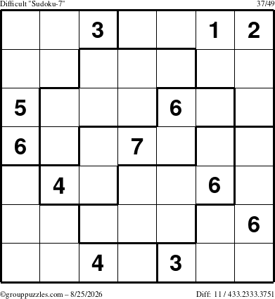The grouppuzzles.com Difficult Sudoku-7 puzzle for Tuesday August 25, 2026