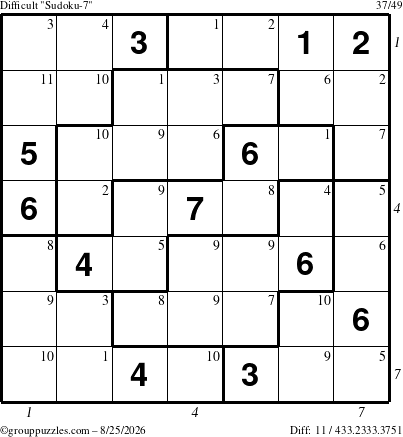 The grouppuzzles.com Difficult Sudoku-7 puzzle for Tuesday August 25, 2026 with all 11 steps marked