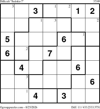 The grouppuzzles.com Difficult Sudoku-7 puzzle for Tuesday August 25, 2026 with the first 3 steps marked