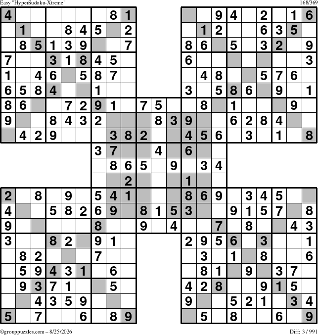 The grouppuzzles.com Easy HyperSudoku-Xtreme puzzle for Tuesday August 25, 2026