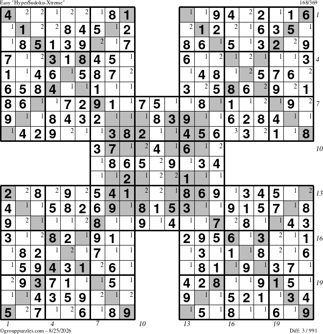 The grouppuzzles.com Easy HyperSudoku-Xtreme puzzle for Tuesday August 25, 2026 with all 3 steps marked