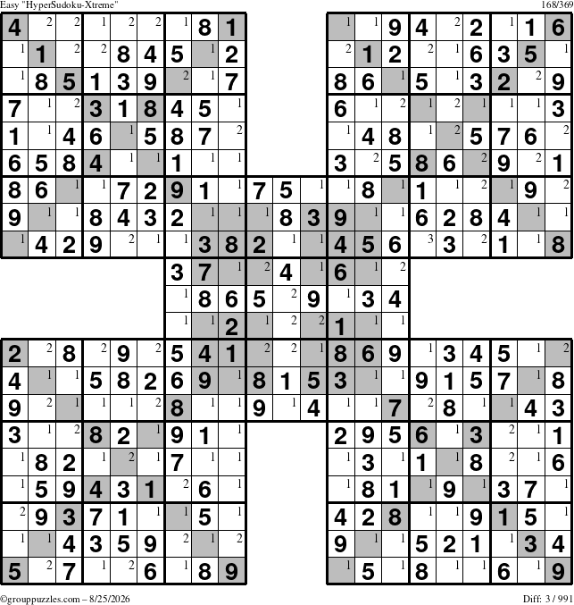 The grouppuzzles.com Easy HyperSudoku-Xtreme puzzle for Tuesday August 25, 2026 with the first 3 steps marked