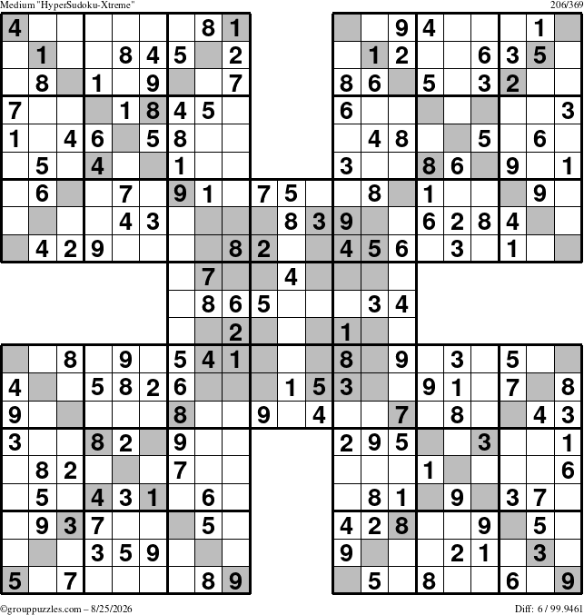 The grouppuzzles.com Medium HyperSudoku-Xtreme puzzle for Tuesday August 25, 2026