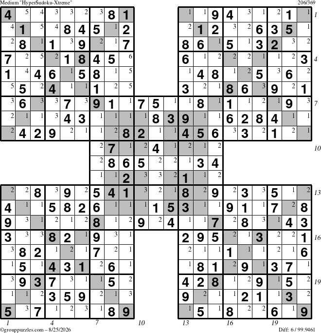 The grouppuzzles.com Medium HyperSudoku-Xtreme puzzle for Tuesday August 25, 2026 with all 6 steps marked