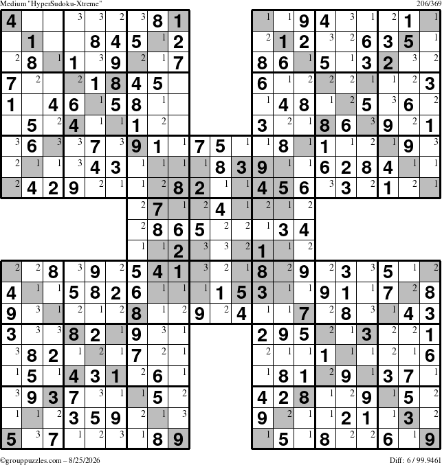 The grouppuzzles.com Medium HyperSudoku-Xtreme puzzle for Tuesday August 25, 2026 with the first 3 steps marked