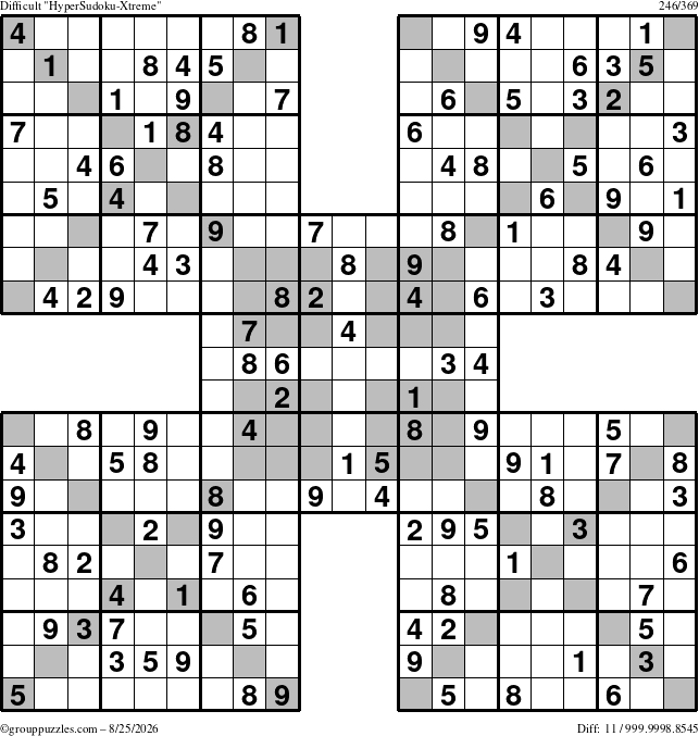 The grouppuzzles.com Difficult HyperSudoku-Xtreme puzzle for Tuesday August 25, 2026