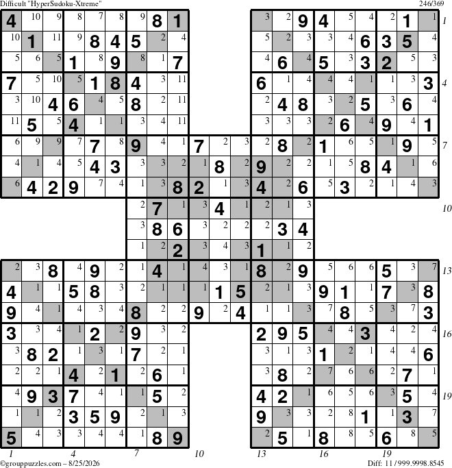 The grouppuzzles.com Difficult HyperSudoku-Xtreme puzzle for Tuesday August 25, 2026, suitable for printing, with all 11 steps marked