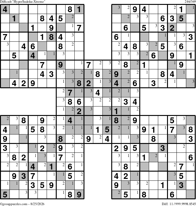 The grouppuzzles.com Difficult HyperSudoku-Xtreme puzzle for Tuesday August 25, 2026 with the first 3 steps marked
