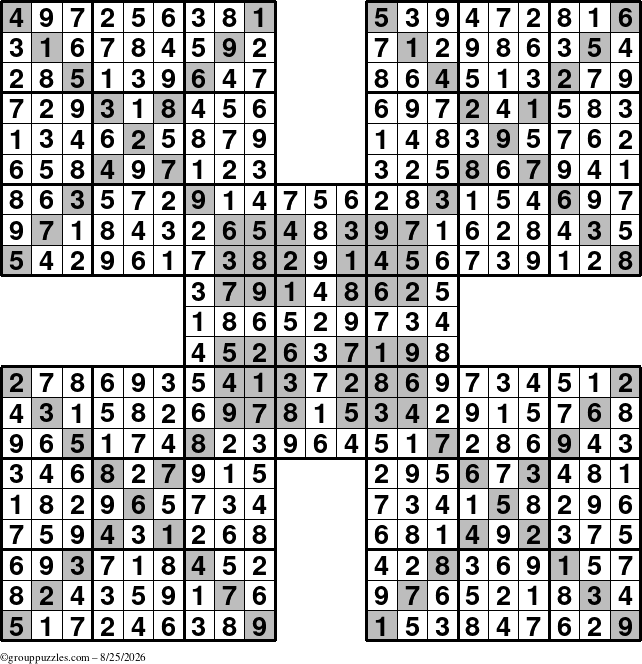 The grouppuzzles.com Answer grid for the HyperSudoku-Xtreme puzzle for Tuesday August 25, 2026