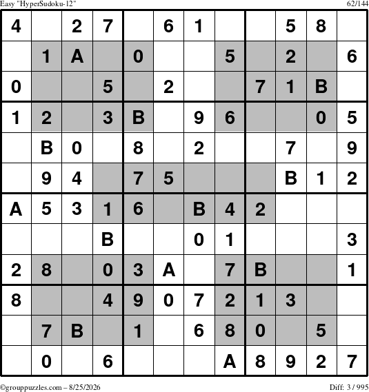 The grouppuzzles.com Easy HyperSudoku-12 puzzle for Tuesday August 25, 2026