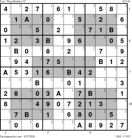The grouppuzzles.com Easy HyperSudoku-12 puzzle for Tuesday August 25, 2026 with all 3 steps marked