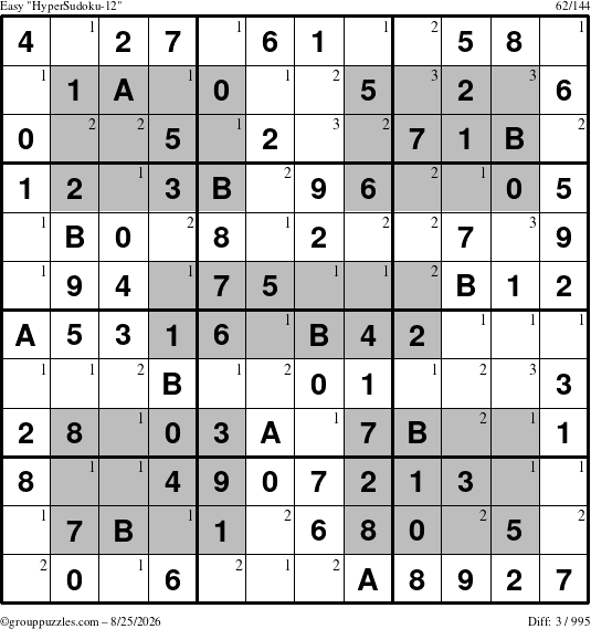The grouppuzzles.com Easy HyperSudoku-12 puzzle for Tuesday August 25, 2026 with the first 3 steps marked