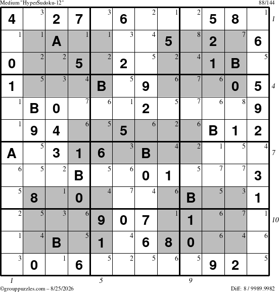 The grouppuzzles.com Medium HyperSudoku-12 puzzle for Tuesday August 25, 2026, suitable for printing, with all 8 steps marked